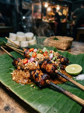 Authentic Grilled Chicken Satay Sate Ayam with Spicy Peanut Sauce and Lime on Banana Leaf