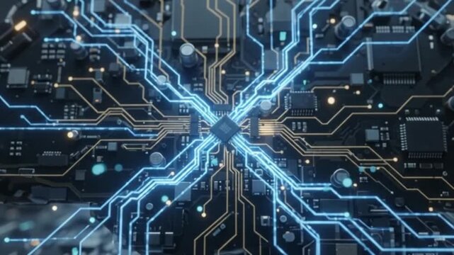 Photorealistic 3D visualization of artificial intelligence digital brain core with glowing circuit pathways pulsing energy data streams futuristic neural network technology