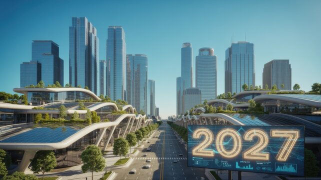 2027 year sign in front of a modern city skyline