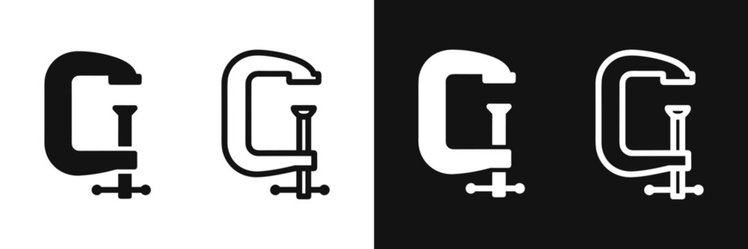 C-clamp icon set, metal woodworking clamp tool vector illustration