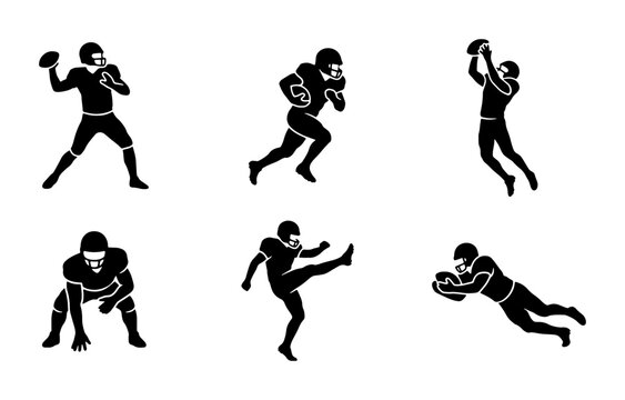 American football player silhouettes set with quarterback, runner, receiver, kicker, and defender for sports apps and logos