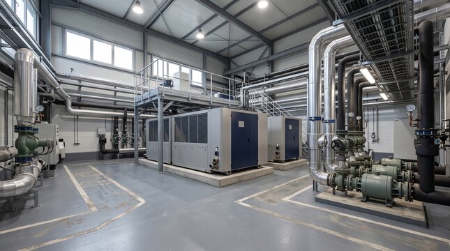Modern industrial boiler room featuring complex piping systems heavy machinery metal structures and advanced heating equipment installed indoors