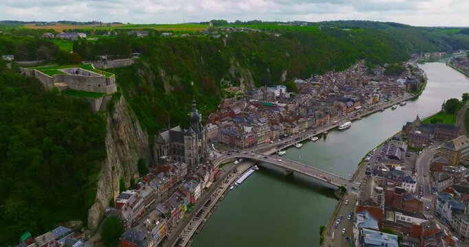 Aerial view of the beautiful, picturesque town of Dinant in Belgium, situated on the Meuse River between two cliffs