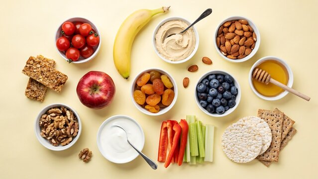 Healthy snacks flat lay with fresh fruits, nuts, vegetables, yogurt, and crackers on a light background