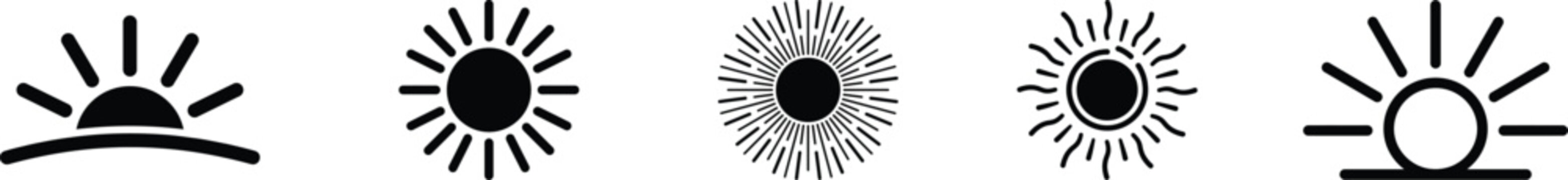 Set of weather icons representing sunrise sunset and sun ray phenomena with collection forecast meteorology