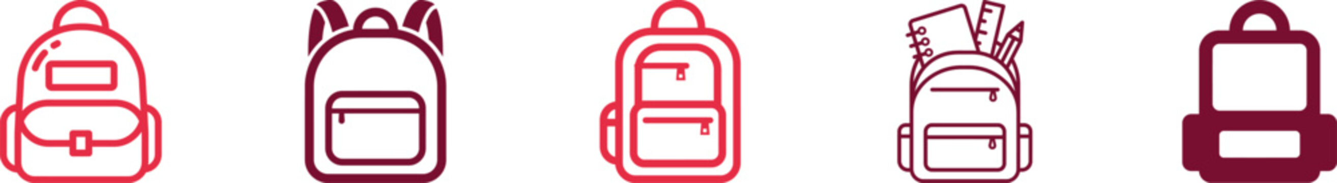Set of travel backpack icons in linear style with rucksack collection accessory education