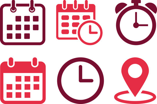 Set of calendar and clock icons for time management planning with alarm location pin schedule collection deadline appointment