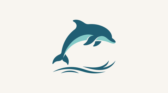 Minimalist flat vector illustration of a jumping dolphin over ocean waves.