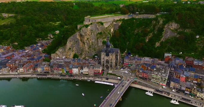 Aerial view of the beautiful, picturesque town of Dinant in Belgium, situated on the Meuse River between two cliffs