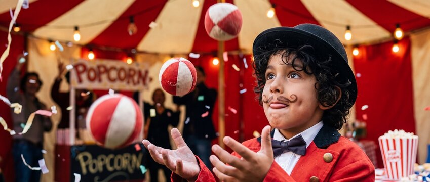 Funny little boy with a drawn mustache dressed as a circus ringmaster juggling balls at a fair
