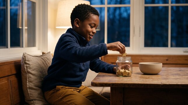 Boy adds a gold star to his learning reward jar