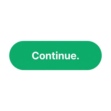 Continue button graphic, green elliptical shape with white text 'Continue.' suggesting progress, forward movement, and completion of a task on a white background