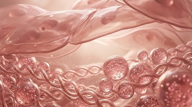 Microscopic view of collagen fibers and cellular structures in human skin tissue with body