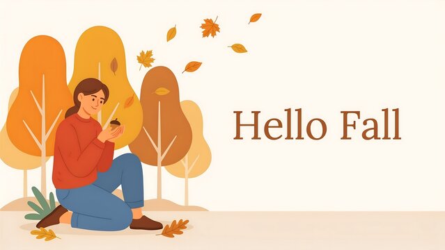 Hello fall greeting with woman enjoying a treat amidst autumn trees and falling leaves