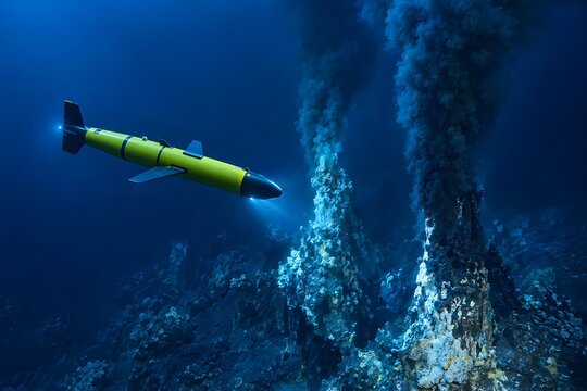 Deep Sea Submersible Exploring Ocean Depths Near Underwater Volcano