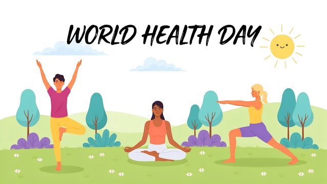 World health day banner with diverse people practicing yoga in a green park outdoors