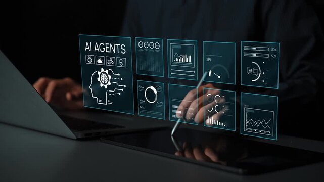 Innovative visualization of artificial intelligence agents showcasing data analytics on transparent screen with graphs and metrics, utilizing modern technology in office environment. Entropy.