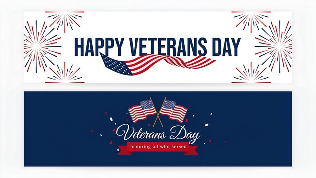Happy veterans day banners with american flags and fireworks