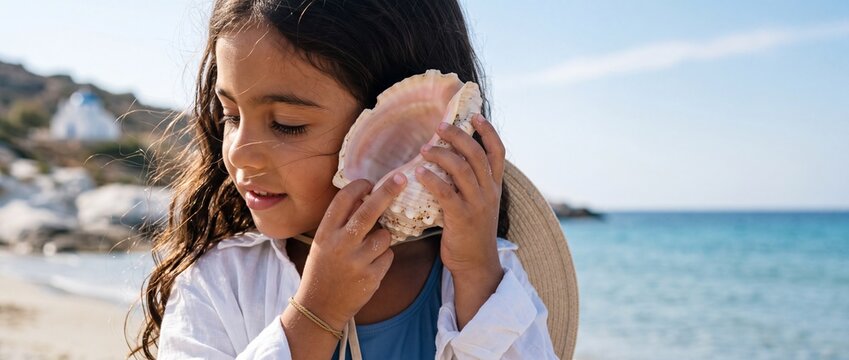 Beautiful little girl listening to the sound of the ocean inside a large seashell on the beach