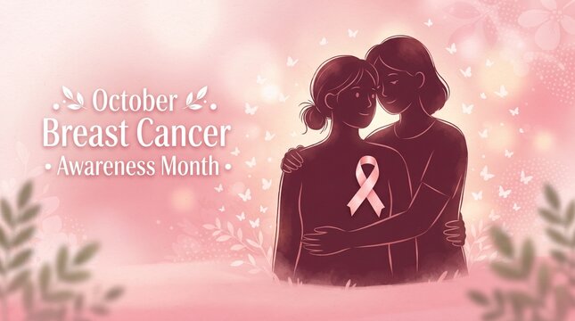 Couple embracing with pink breast cancer ribbon