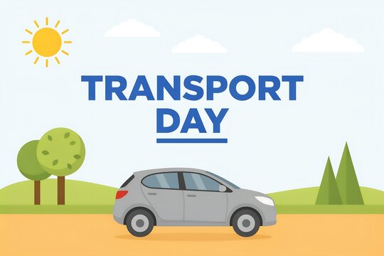 Transport day banner with a car on a road, sunny landscape and trees, flat design illustration