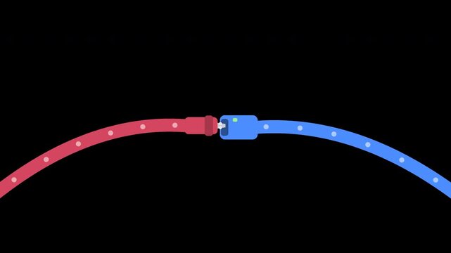 An indigo plug cable and a coral socket cable dock with a snap, then stream data dots with a live LED on transparent background.