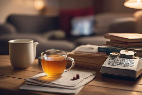 Cup of tea and book on wooden table