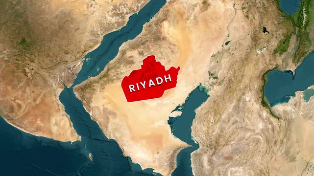 Satellite map highlighting Riyadh province region in Saudi Arabia with vibrant red marker graphics