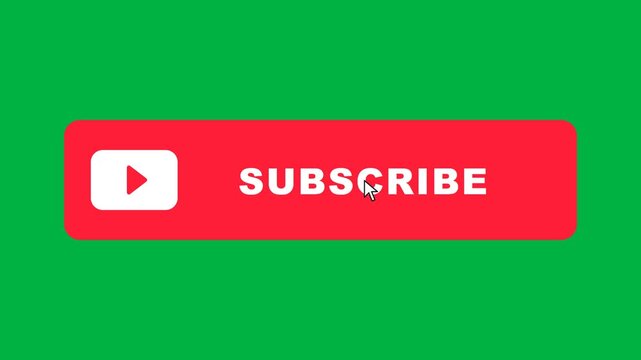 Animated mouse cursor clicking a vibrant red YouTube subscribe button featuring a white play icon badge with energetic bounce animation on green chroma key background with 80 percent center frame sizi