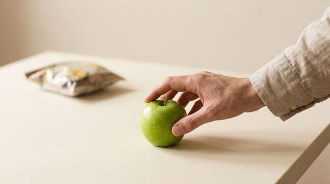 Hand reaching toward green apple on table shows curious anticipation fruit healthy fresh food nature organic snack diet nutrition picking
