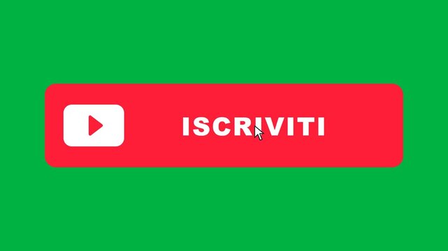 Animated mouse cursor clicking a vibrant red Italian YouTube subscribe button featuring a white play icon badge with energetic bounce animation on green chroma key background with 80 percent center fr