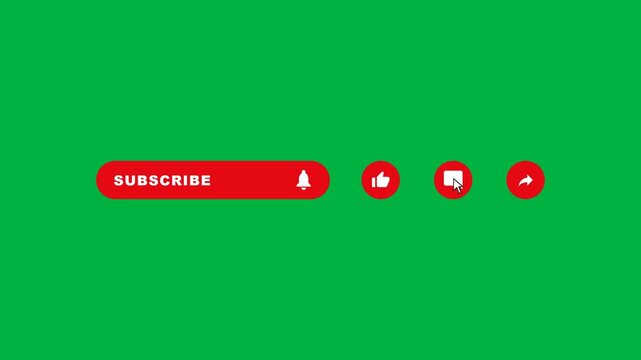 Animated cursor interacting sequentially with subscribe like comment and share buttons featuring bell ring and icon bounce animations on green chroma key background with 70 percent center frame sizing