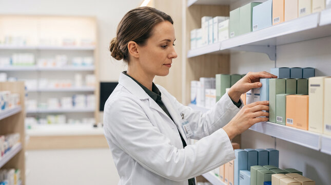 Professional pharmacist arranging medicine box on shelf, feeling focused and diligent in pharmacy store during regular working day