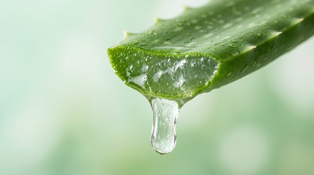 Aloe vera leaf releasing fresh gel green plant slice and water drop