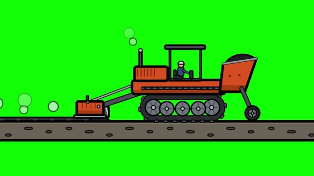 Flat Vector Animation Of A Construction Road Paver Machine Operating On A Site Representing Heavy Duty Infrastructure Development Equipment Concept