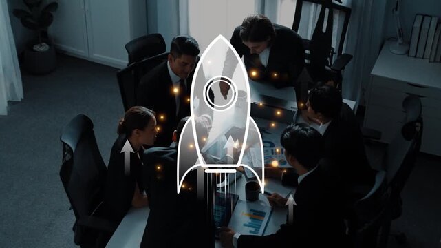 A dynamic business team collaborates in a modern office setting, focused on innovation and strategy, symbolized by a rocket representing growth and success. Raster