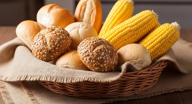 Fresh artisan bread rolls and raw corn cobs in a rustic wicker basket with warm natural lighting