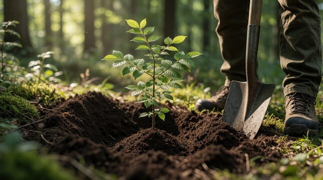 Female forester plants small sapling in forest soil. Person uses shovel for reforestation project in green woods. Environmentalist works outdoors to grow new tree. Gardener performs ecology