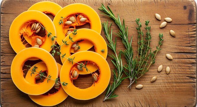 Fresh pumpkin slices with rosemary herbs and organic seeds on rustic wooden board with bright natural lighting