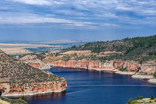 The Yellowtail Dam, Bighorn Lake, and surrounding red rock cliffs at Fort Smith, Montana, USA