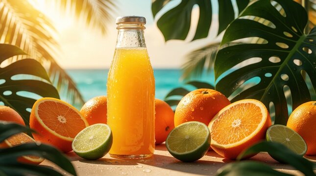 Glass bottle of fresh orange juice stands on sand near ocean. Sliced oranges, limes lie among large tropical monstera leaves. Summer sun shines on cold citrus drink with water drops. Refreshing fruit