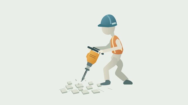 A worker in a blue hard hat and orange safety vest drills cracked concrete with a jackhammer in a seamless eight second loop.