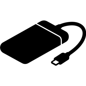 Black hard drive icon with connecting cable silhouette symbol