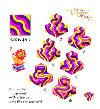 Can you find a pyramid with a top view same like the example? Logic puzzle game for kids. Brain Teaser book. Develop children spatial thinking. Memory exercise. Brain teaser book. Hand drawn vector.