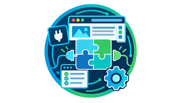 Software integration modules showing jigsaw puzzle pieces with connection plugs and task lists for web application development.