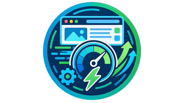 Website speed performance meter showing gauge lightning bolt and gear icon for optimized loading times and server efficiency.