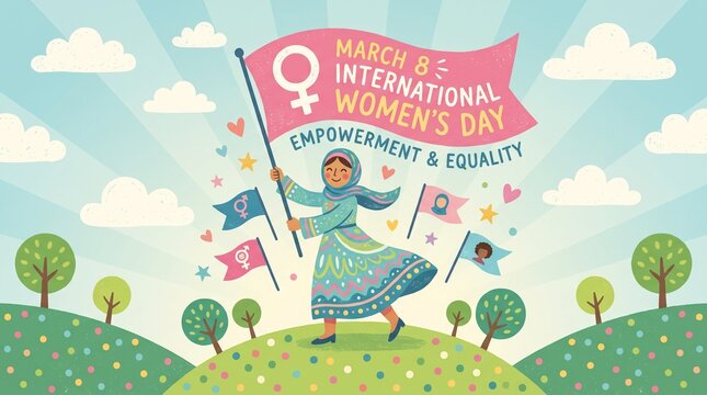 Woman celebrating international women's day with flag