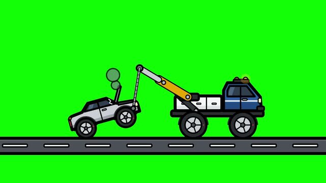 Flat Vector Design Animation Of A Tow Truck Pulling A Broken Vehicle On A Green Screen Background For Professional Roadside Assistance Projects