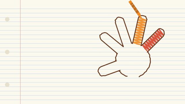 Charming nostalgic hand turkey drawing sketched in colorful crayons on lined paper evoking warm childhood Thanksgiving holiday memories