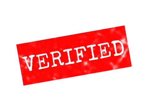 A rectangular red stamp with white text reading verified, isolated on a black background, representing a confirmed or authenticated status update isolated on a transparent background